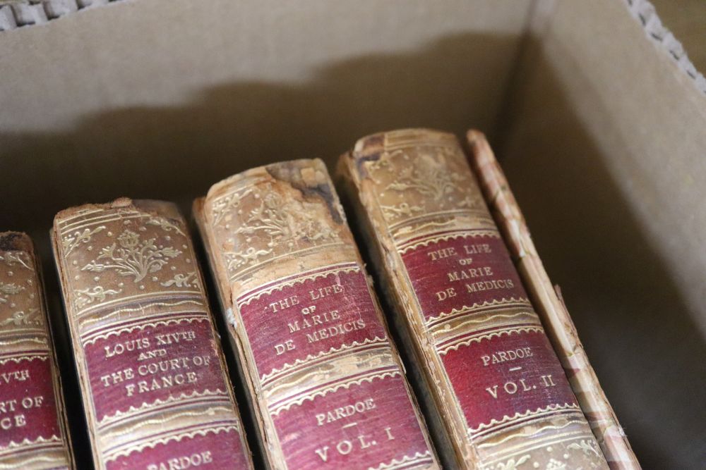Nine leather-bound historical volumes by Julia Pardoe (some ex-libris William E Cain) and Scotts Waverley Novels,